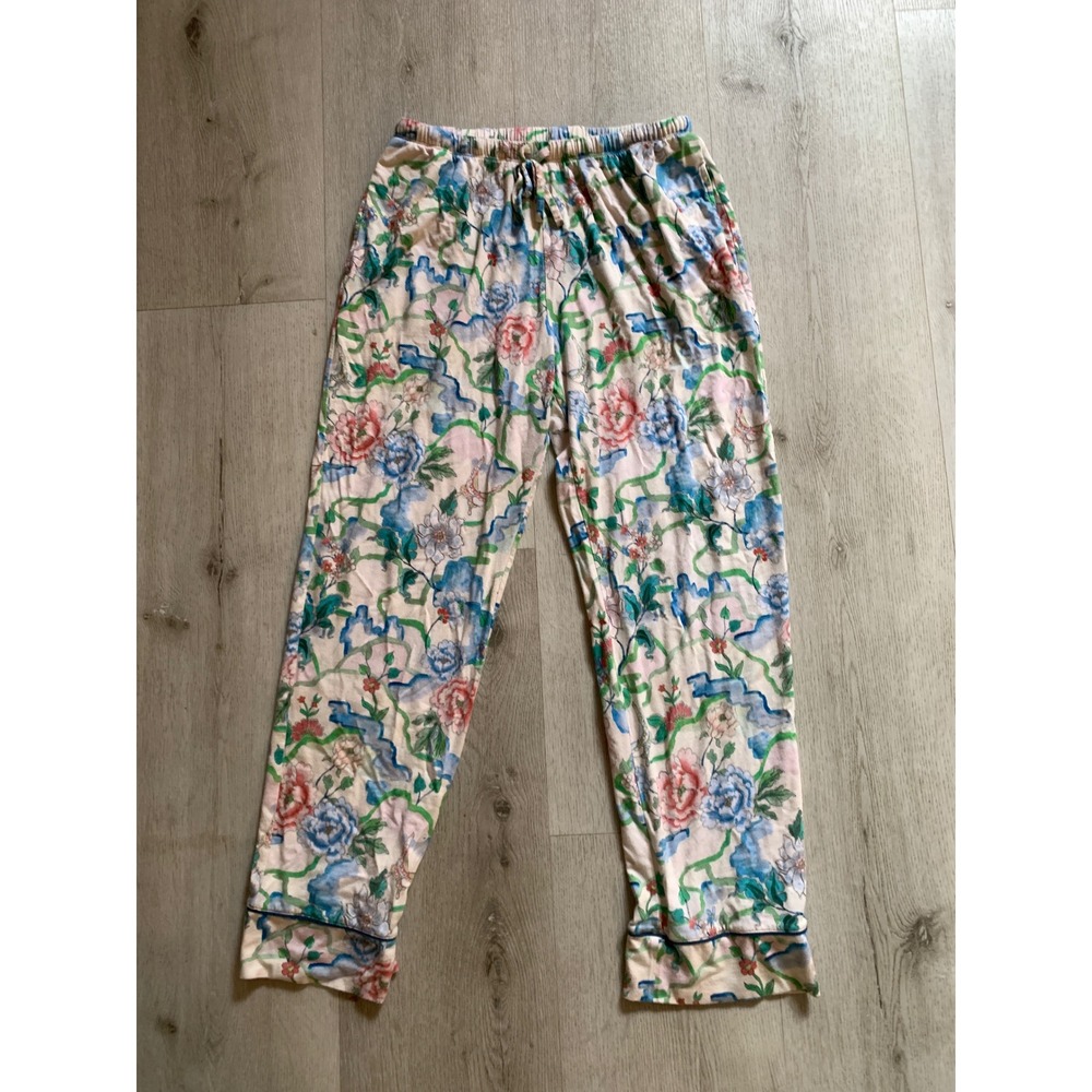 The Cat's Pajamas Floral Print Lounge Pajama Pants Cream Pink Blue Women's sz M